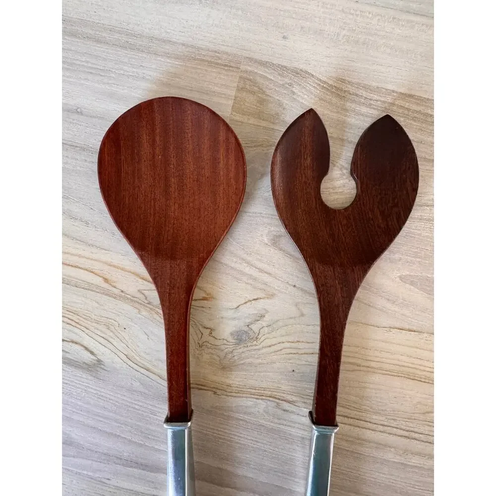 VINTAGE Lenox Salad Serving Utensils Spoon & Fork Set Tongs Wooden Silver Handle